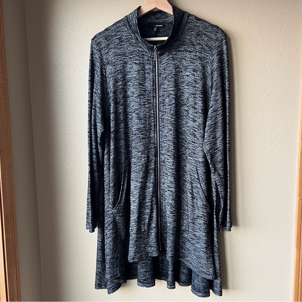 Sun Kim Cardigan Sweater Women’s Size XL Full Zip Minimalist Heathered Black